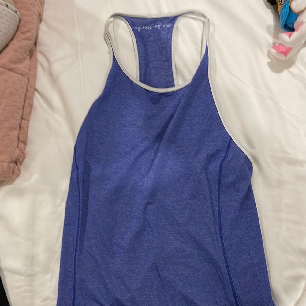 my race my pace lulu lemon purple and white tank top